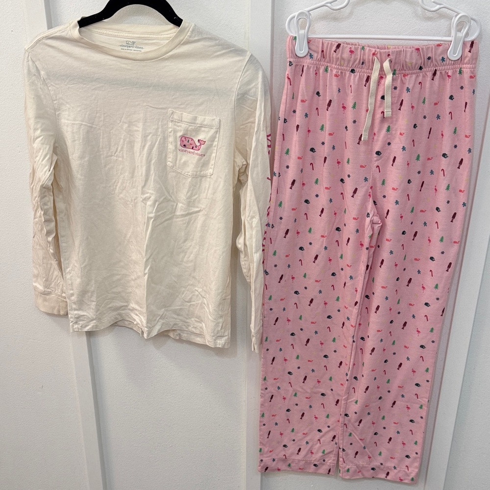 Vineyard Vine Cream & Pink Penguin Pajama Set - Long Sleeve Top & Printed Pants